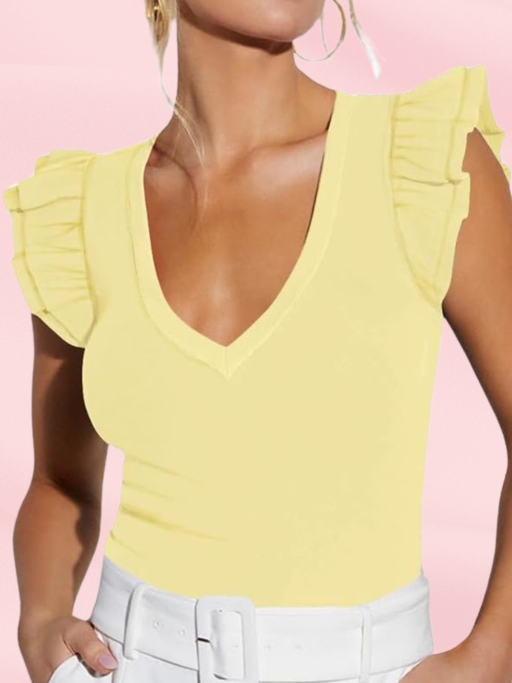 NEW V-Neck Ruffle Sleeve Knit Top - Light Yellow Size L